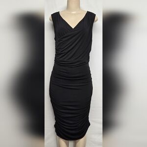 Express L Black Dress Ruched Long Fitted Fully Lined Sleeveless Criss Cross